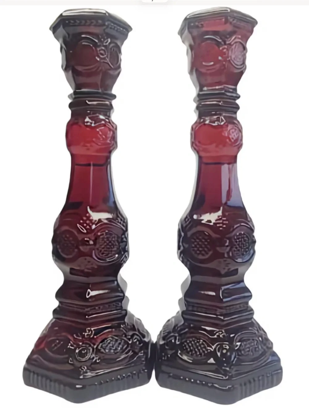 Vintage Avon Cape Cod Ruby Red Glass Hexagonal Candlestick Holders